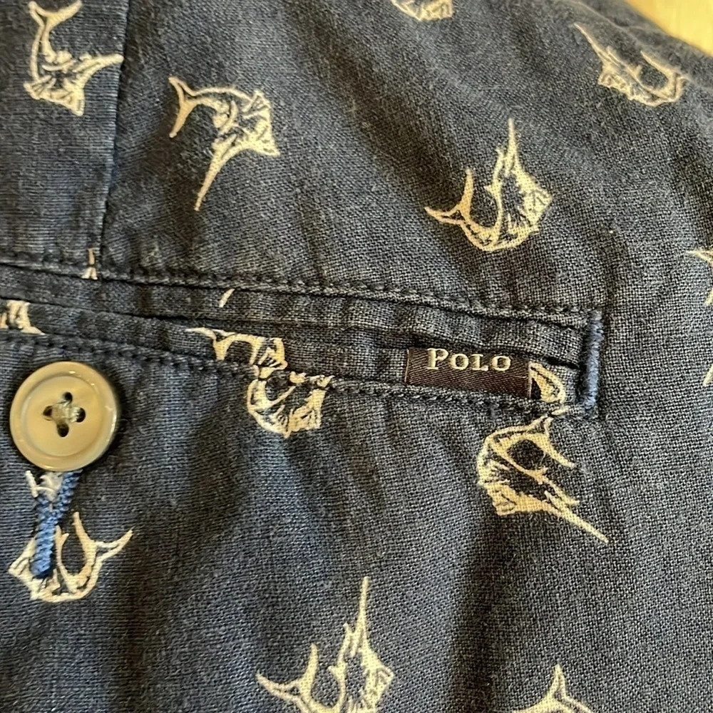 Polo Ralph Lauren Navy Blue Linen Marlin Print Shorts 36 x 9